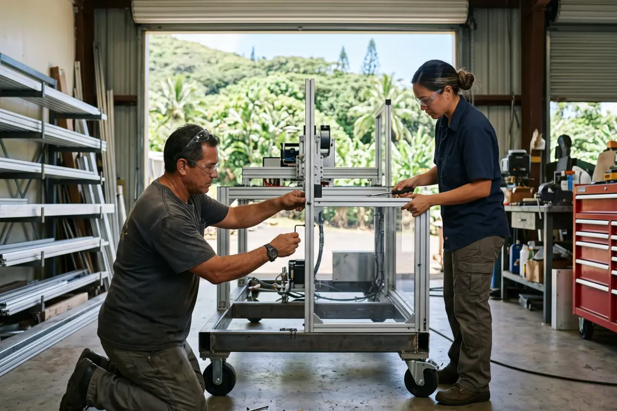 Engineers fitting a guard panel on a custom machine in an island fabrication shop with palms outside the open bay door