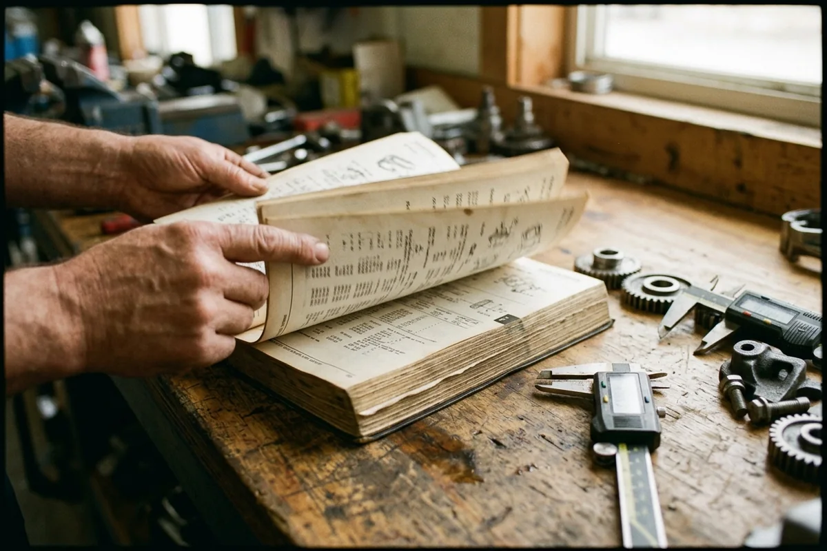 Weathered hands turn the pages of a thick reference book of numeric tables on a workbench, beside digital calipers, gears, and loose bolts.