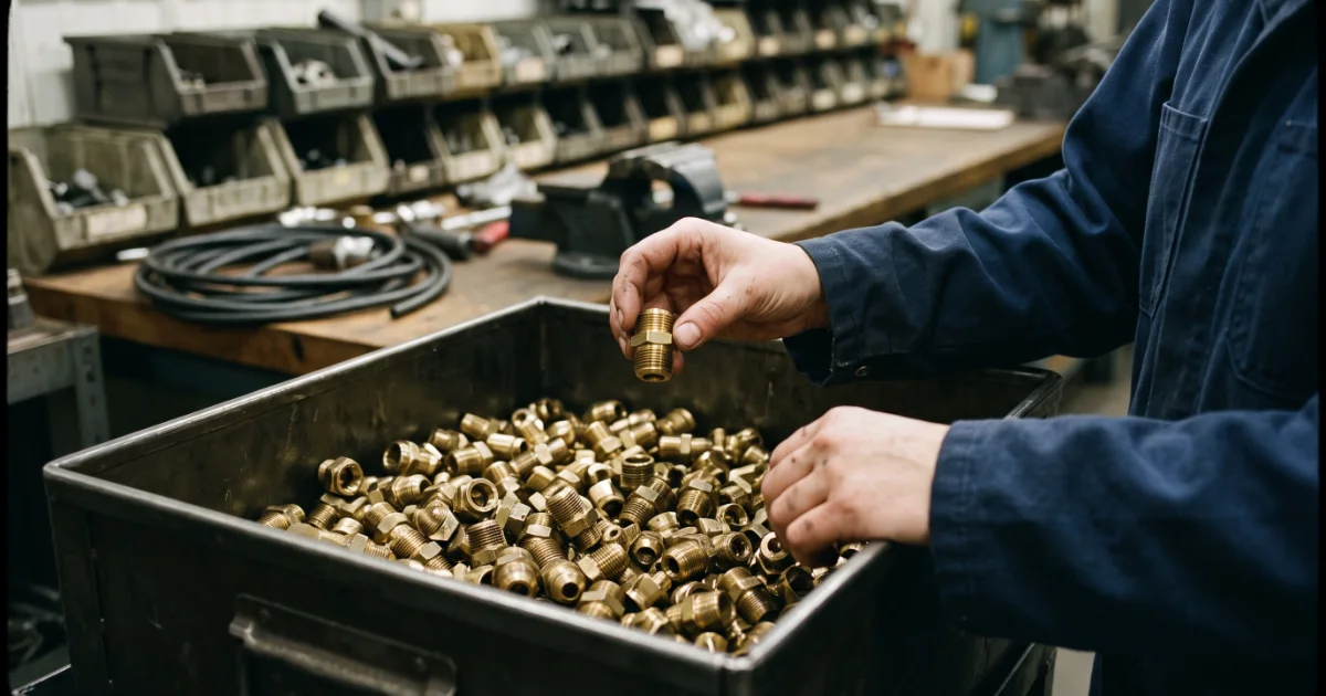 A machinist lifts one brass hydraulic fitting clear of a steel bin holding dozens of near-identical fittings on a fabrication shop bench.
