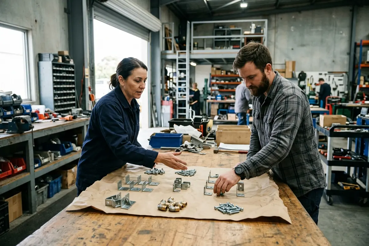 Two workers sort steel brackets, bolts, and brass fittings into groups on kraft paper covering a wide bench in a fabrication shop.