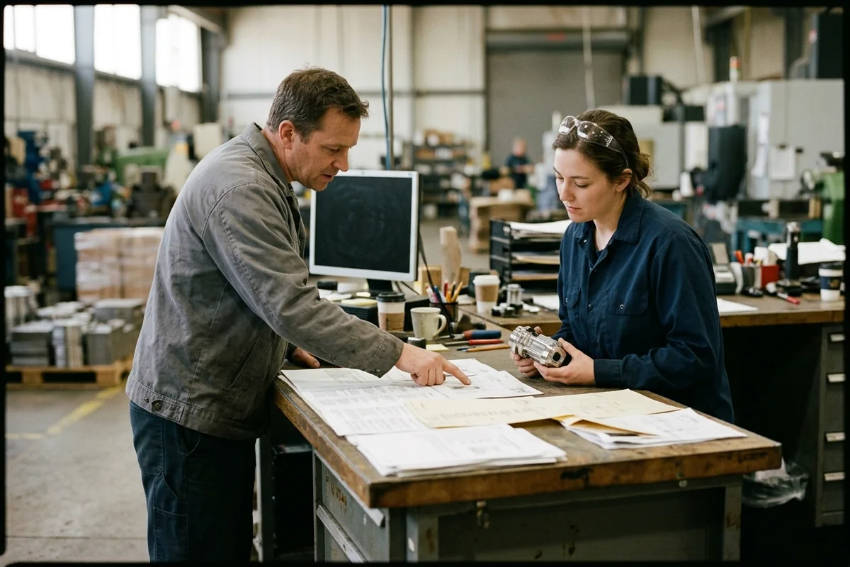 Two shop workers at a wooden bench, one pointing at printed sheets and drawings spread across it, the other holding a small machined metal part.