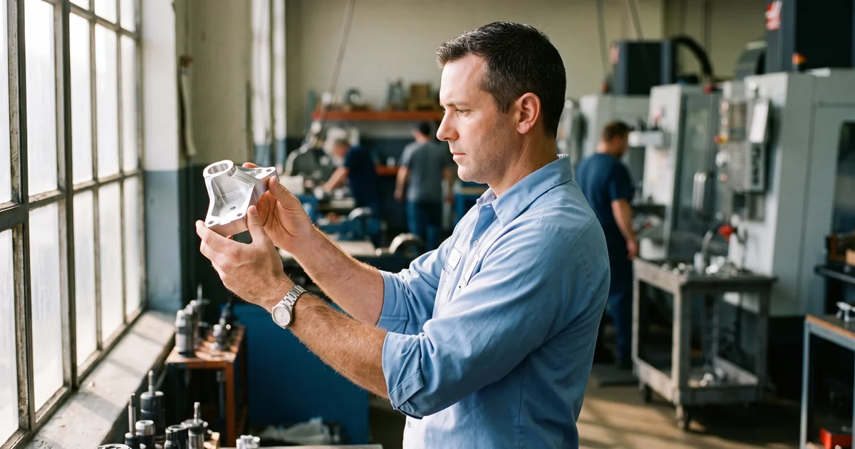 A procurement engineer holds a freshly machined aluminum bracket up to the window light of a machine shop, inspecting the surface finish.