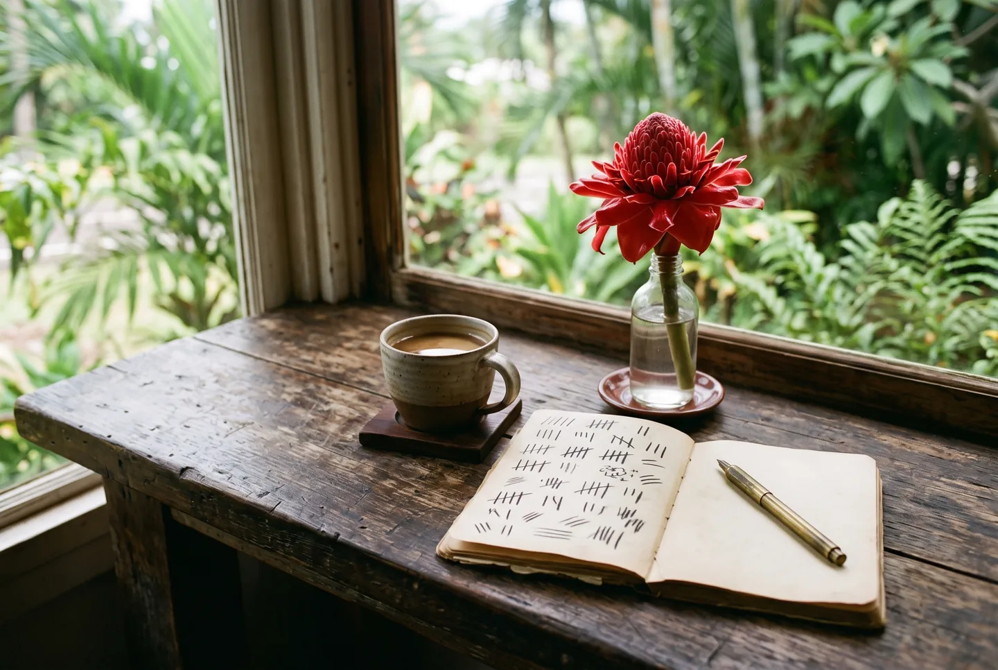 A Maui shop counter in morning light with a coffee cup, a torch ginger stem in a glass bottle, and an open order book of hand-drawn tally marks.