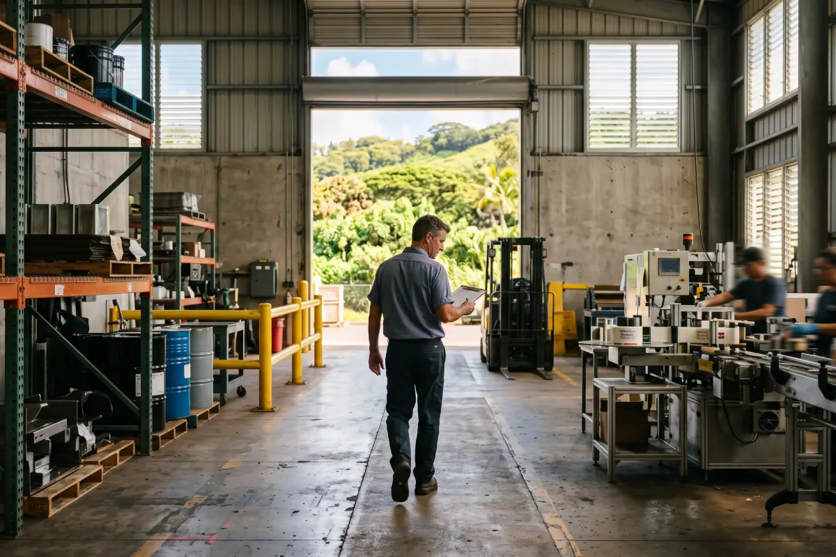 Plant operations manager walking the floor of an island manufacturing facility with tropical light through the loading door