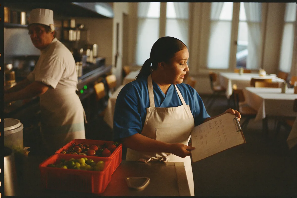 Restaurant owner reviewing the morning prep list with the chef before service, dining room in the background