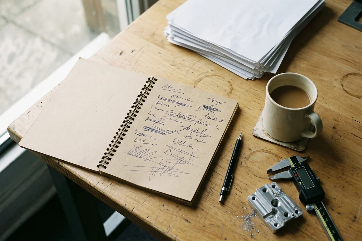 An open spiral notebook with handwritten lines struck through sits on a wooden desk beside a pencil, a coffee mug, calipers, and a machined metal block.