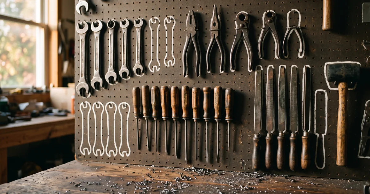 A shop pegboard wall where every hand tool hangs in its own painted outline, with several outlines standing empty where tools are in use.