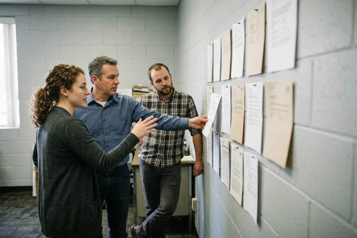 Three colleagues stand at a cinder-block wall covered in pinned printed pages, one lifting a sheet to read while another points at it.