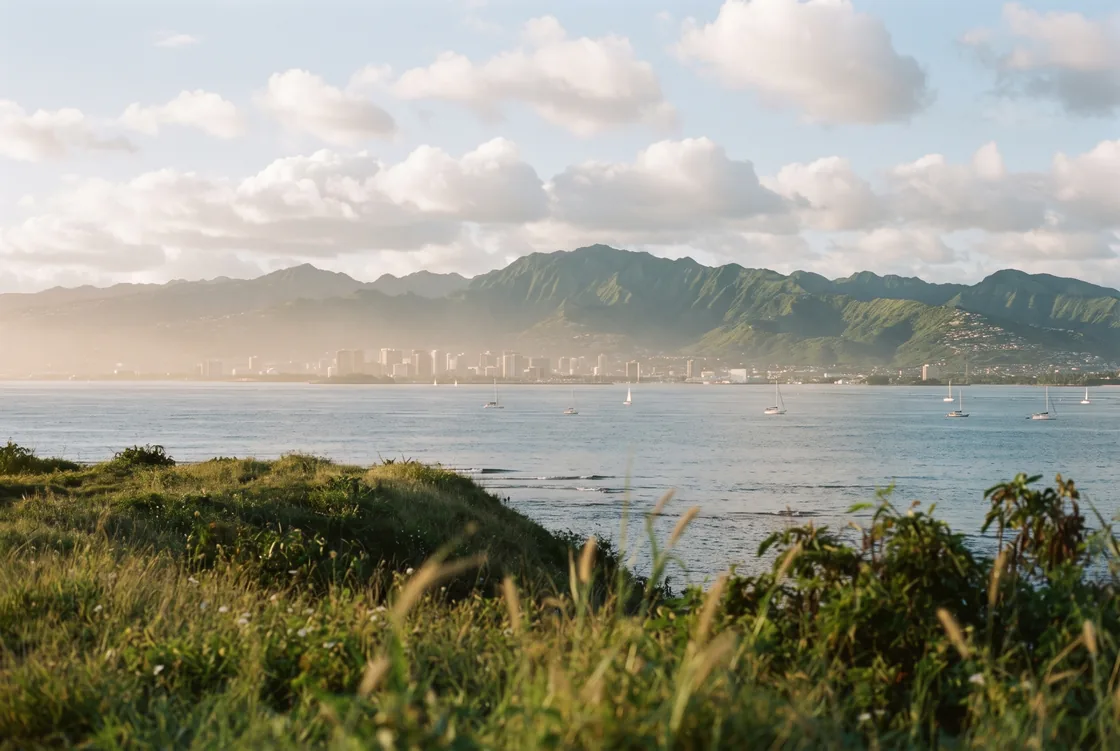 View across calm water toward a distant Hawaiian city skyline under a long green mountain ridge, seen from a grassy headland in late afternoon.