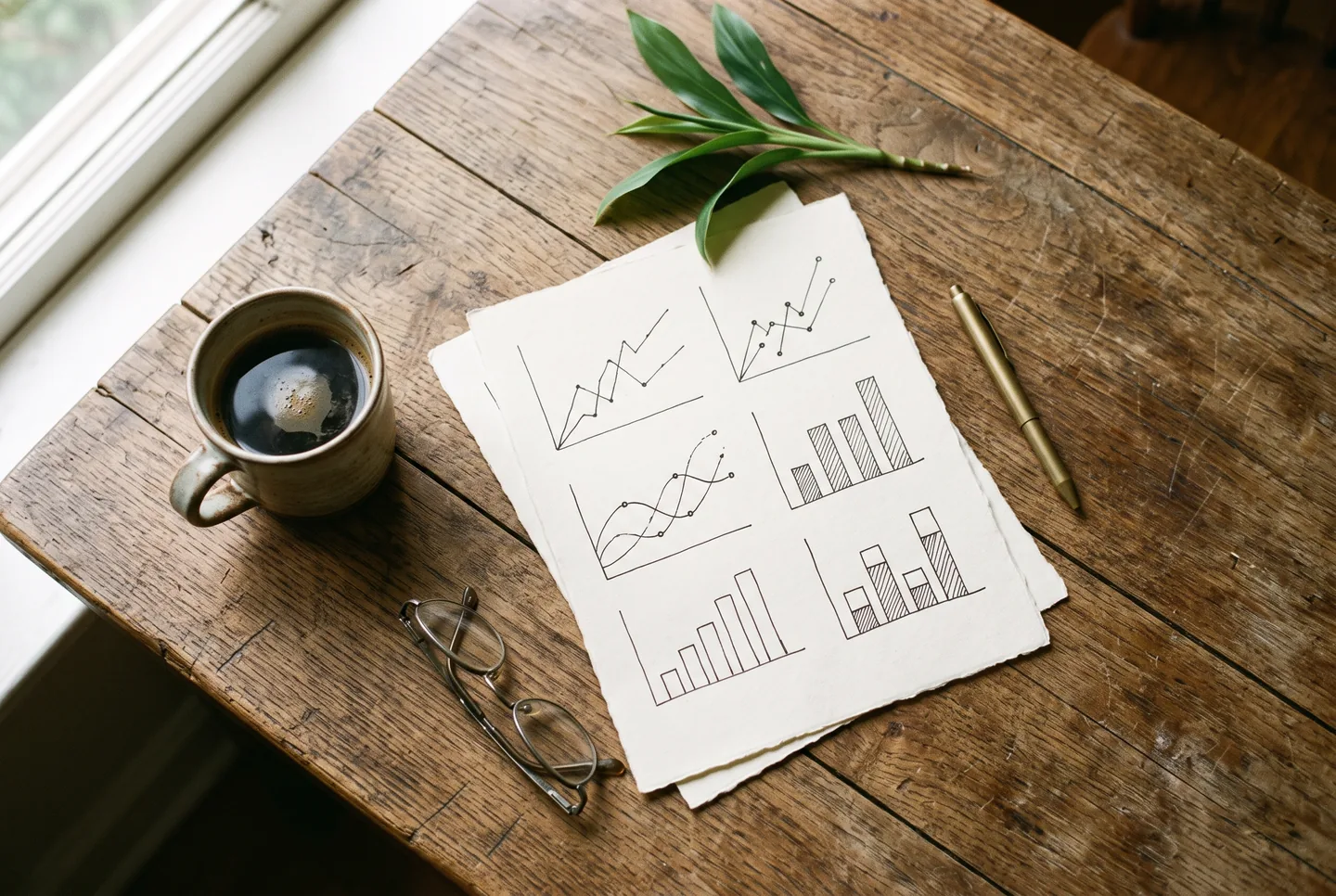 Overhead view of a wooden table with sheets of hand-drawn abstract charts, a cup of coffee, reading glasses, and a brass pen.