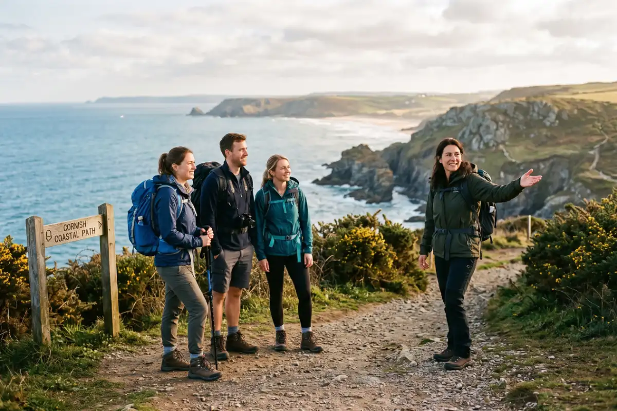 Tour guide pointing out the coastline to a small group at a coastal overlook trailhead