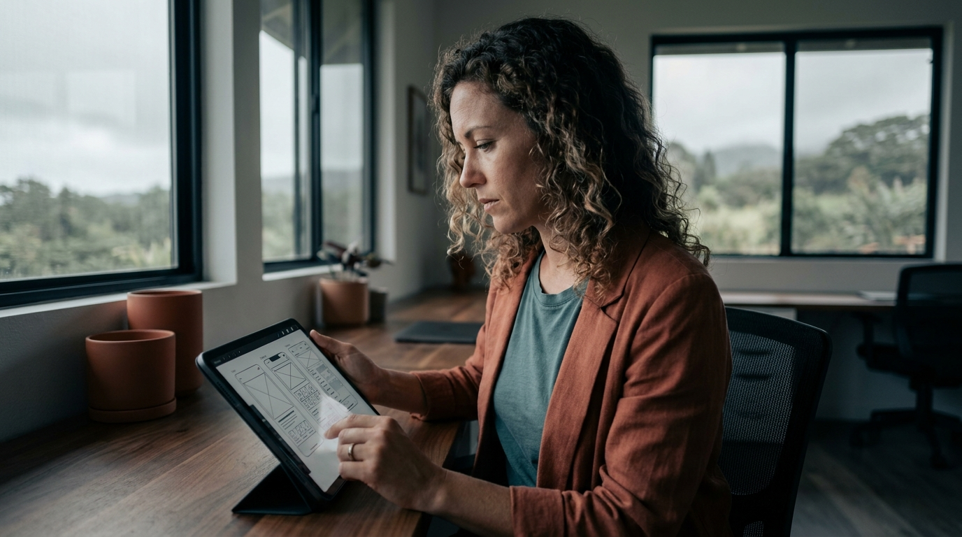A Hawaii web designer reviewing a website wireframe on a tablet at a modern studio
