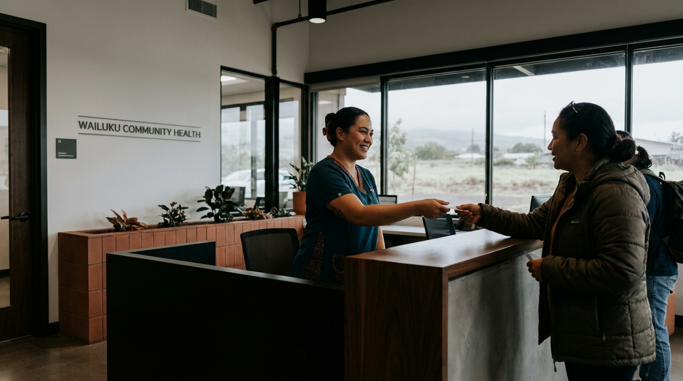Hawaii medical receptionist greeting a patient at a modern healthcare front desk in Wailuku
