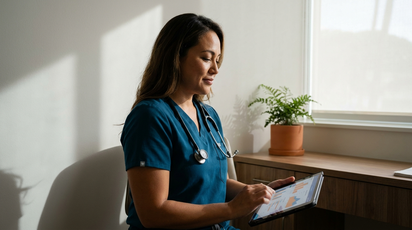 Hawaii nurse practitioner reviewing a patient chart in a clean primary-care exam room