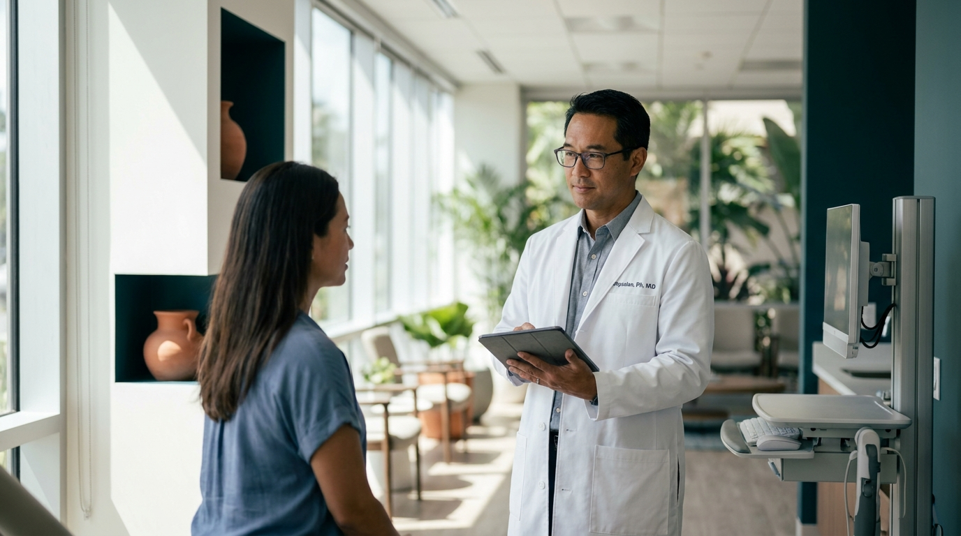 Hawaii physician consulting with a patient in a modern Honolulu outpatient clinic