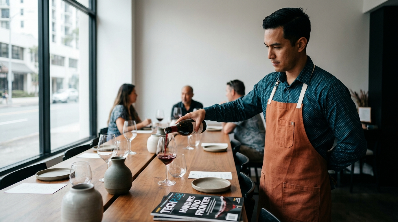 a Hawaii sommelier pouring wine at a tasting table at a contemporary Honolulu restaurant
