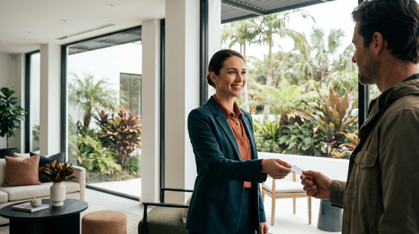 Hawaii boutique resort concierge greeting a guest at a clean modern lobby