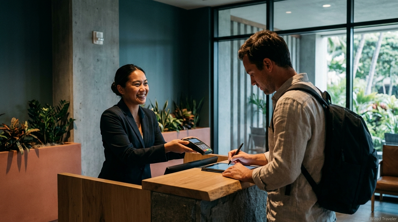Hawaii hotel front-desk attendant checking in a guest at a modern lobby on Oahu