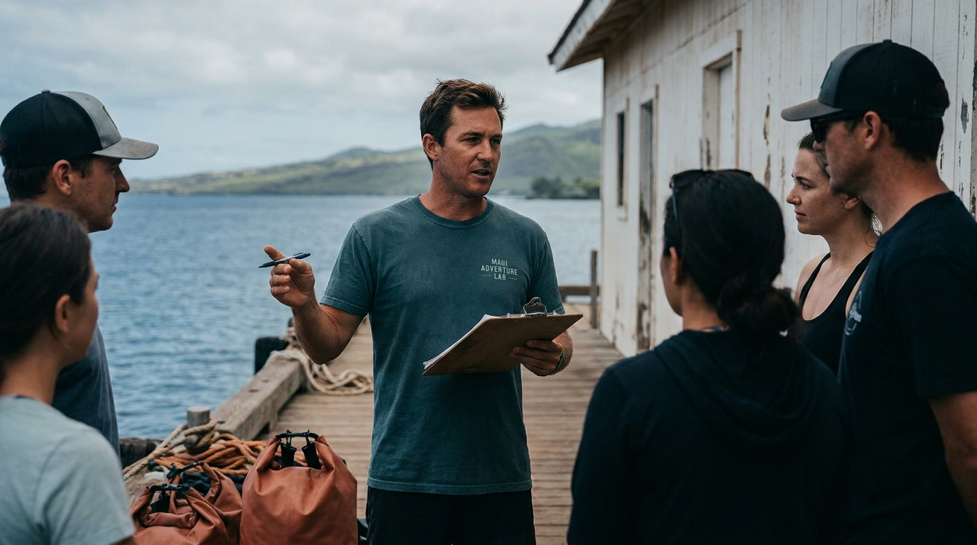 Hawaii tour operator briefing a small group on a Maui dock with calm ocean behind
