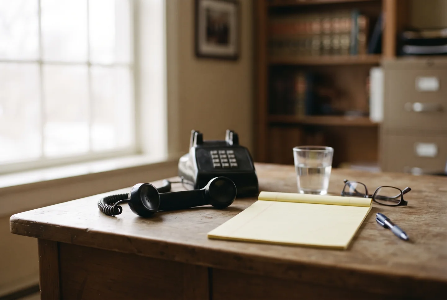 A wooden law-office desk in window light: a black telephone handset off its cradle, a blank yellow legal pad, folded reading glasses and a glass of water.