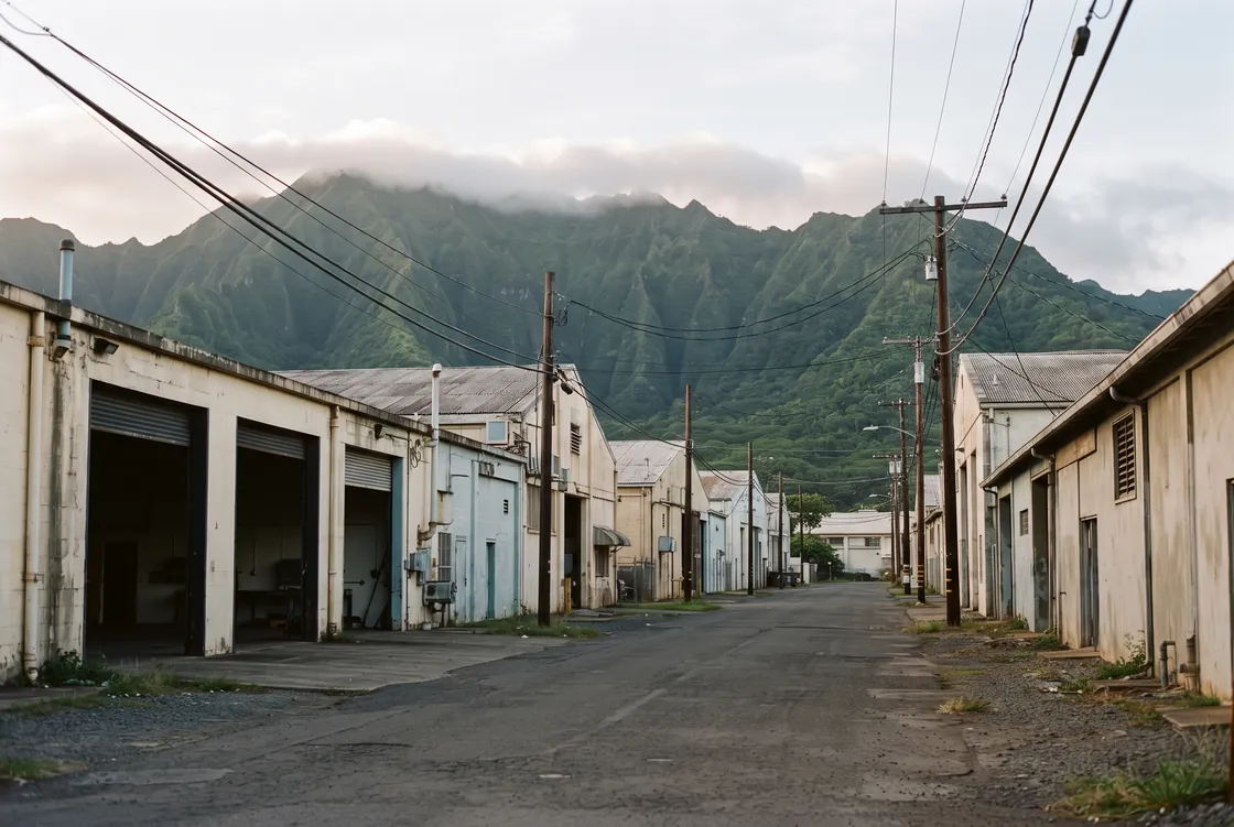 Wide early-morning view along a corridor of low warehouse and workshop buildings in pale concrete and weathered metal, roll-up bay doors open on empty bays, utility poles and overhead lines above bare asphalt, and a steep green ridge with cloud along it rising behind the rooftops, no people and no vehicles.
