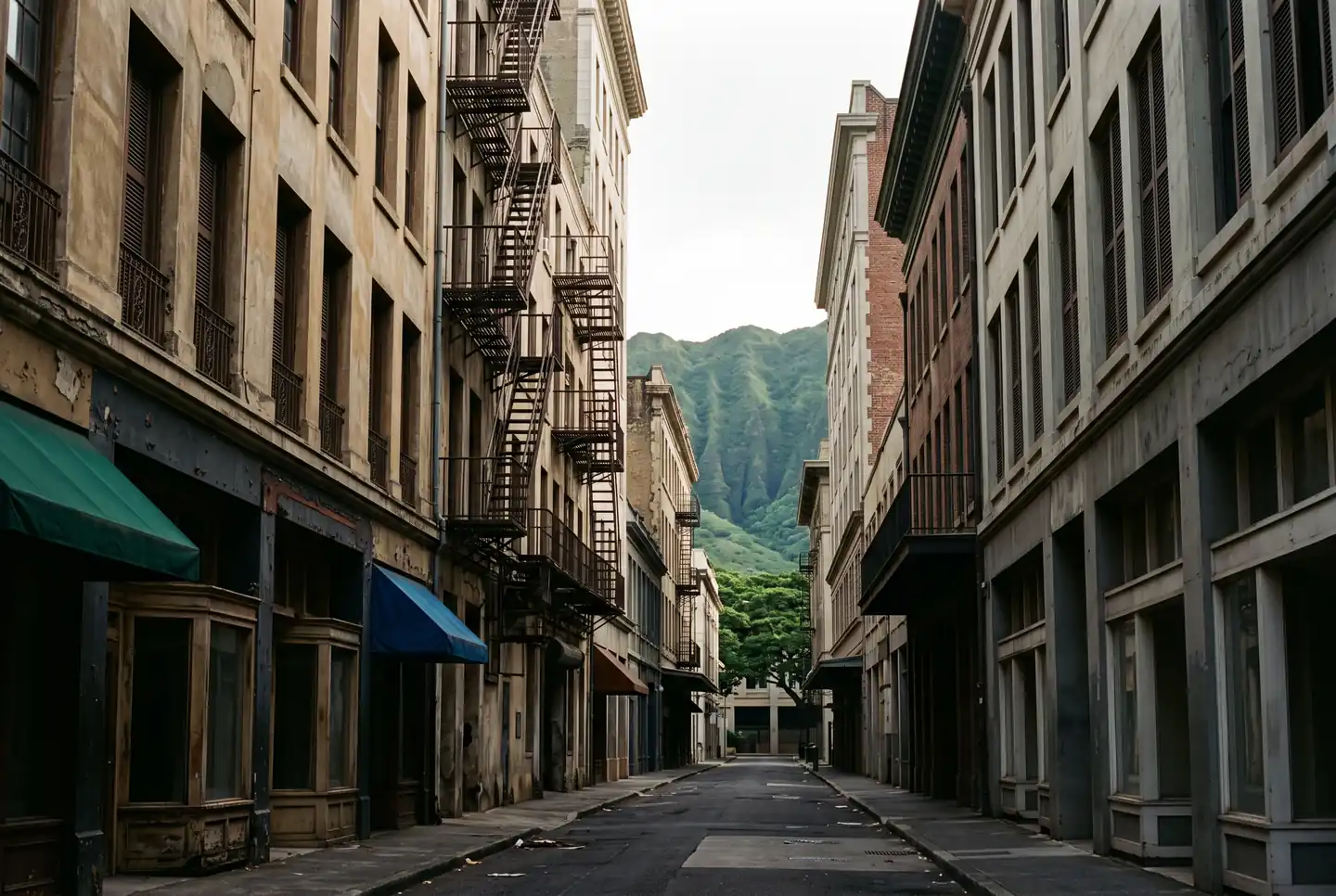 View up a narrow street in a Hawaii city between older masonry and painted-concrete buildings with aged plaster facades, tall shuttered windows, iron fire escapes zigzagging up one side, plain fabric awnings over empty ground-floor bays, deep shade across the foreground and a green mountain ridge closing the far end of the street, no people and no vehicles.