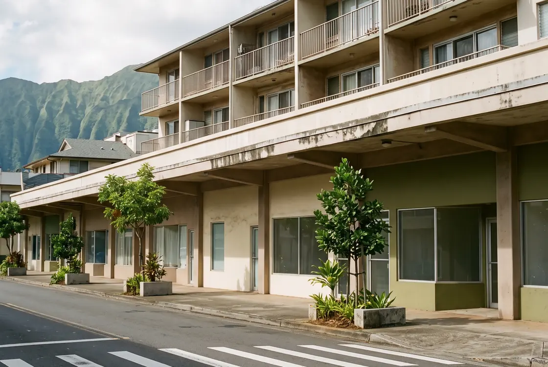 Wide mid-morning view along a mixed-use city block in Hawaii with ground-floor shopfront bays set back under a deep shaded concrete colonnade, plain glass and painted plaster carrying no signage, plain balconies on the storeys above, young street trees in square planters along the kerb, an empty marked crosswalk across the foreground and a green ridge soft in the distance, no people and no vehicles.