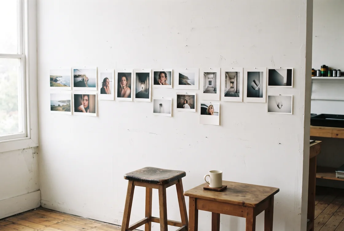 A row of unmarked prints pinned in sequence along a plain white studio wall, a wooden stool and a small table with a mug beneath, soft window light.