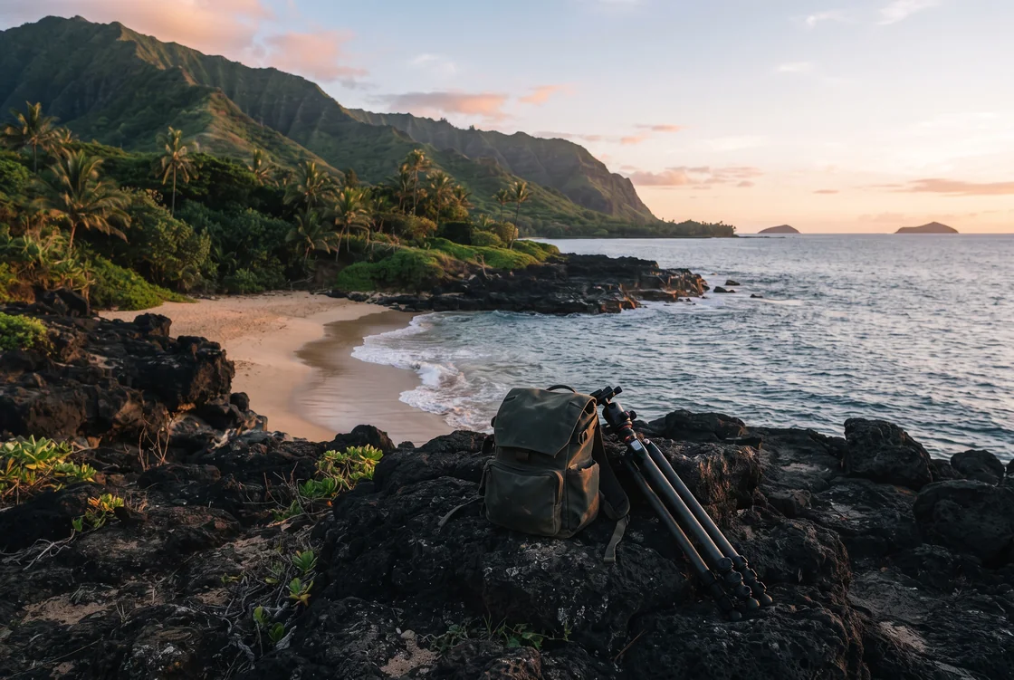 A plain canvas camera bag and a folded tripod resting on black lava rock above a small sandy cove in low evening light, palms and a green ridgeline behind, no people.