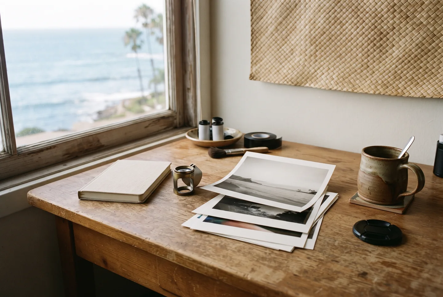 A wooden desk in window light with a closed linen notebook, a small loupe, a stack of unmarked prints, a ceramic mug and a lens cap, the ocean visible through the window.