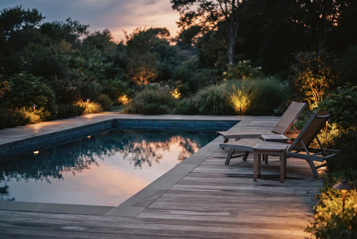 A finished residential pool at dusk, underwater lights on, stone coping and a plain deck, with a low house and trees behind.