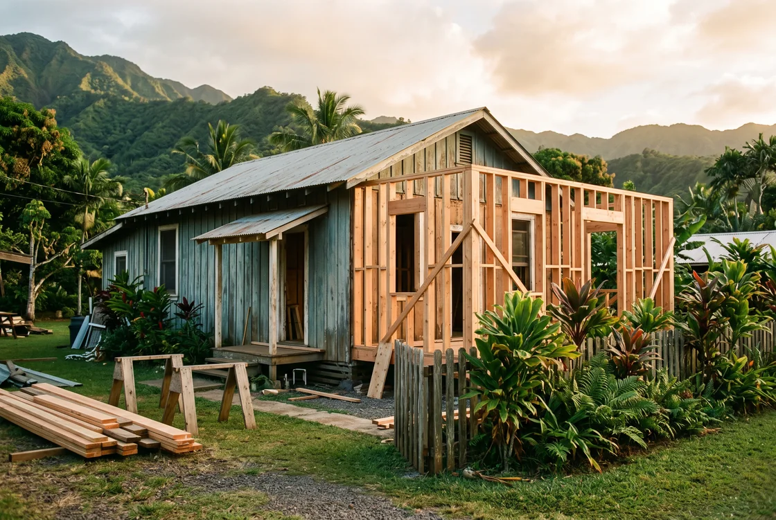 A single-storey plantation-style Hawaii house mid-renovation at golden hour, fresh framing beside weathered board-and-batten walls, ti plants along the fence line.