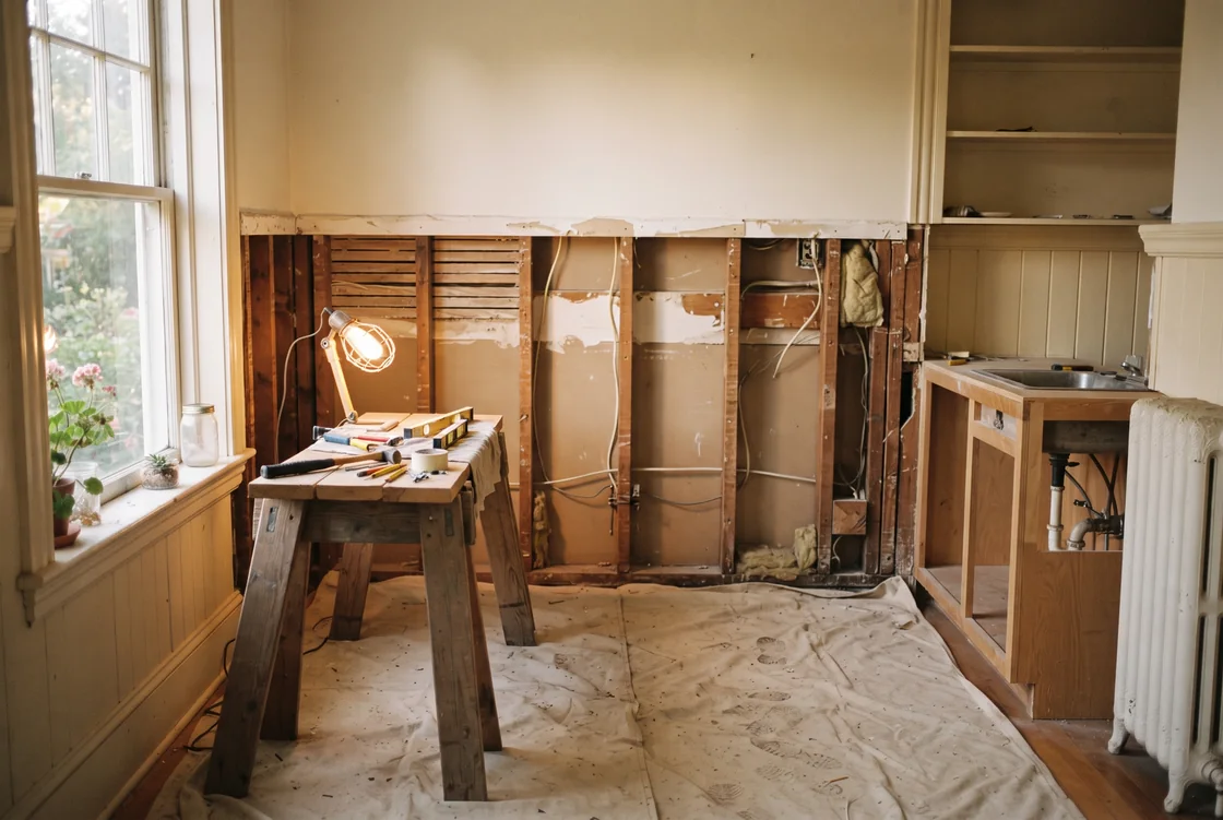 A kitchen mid-remodel in soft afternoon light, cabinets removed to open stud walls, a dust sheet over the floor and a single work lamp on a sawhorse table.