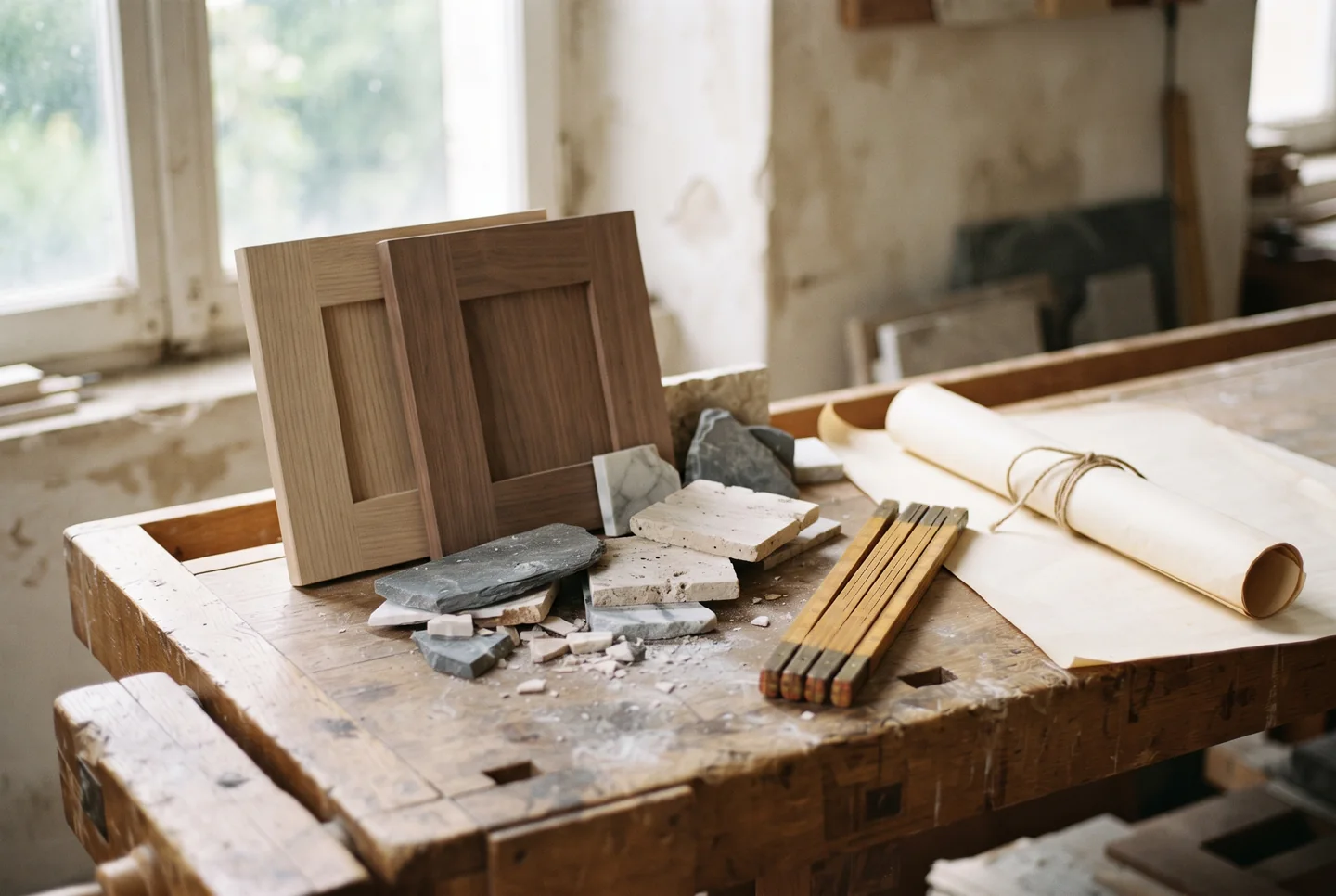 A worktable holding cabinet door samples, stone offcuts, a folded tape measure and a rolled floor plan, lit from a nearby window.