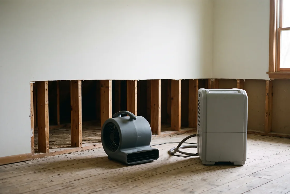 A room mid-mitigation in window light: lower drywall cut to a clean line exposing bare studs, a plain air mover and dehumidifier on dry plank flooring.