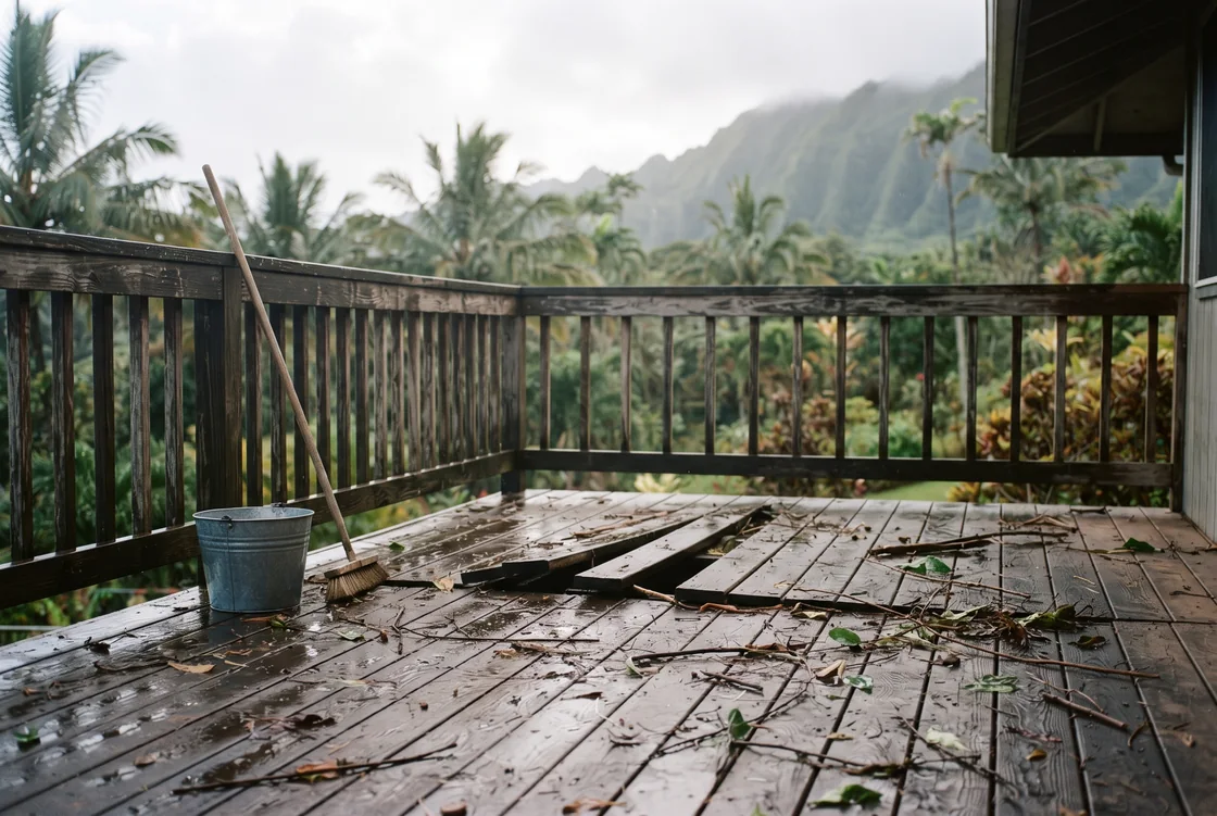 A wooden lanai after a storm: a few boards lifted, wet leaves and branches on the deck, a bucket and broom set aside, palms and a green ridgeline behind.
