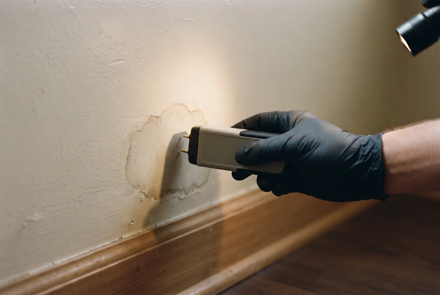 A gloved hand holding a plain moisture meter against a painted wall with a faint water stain near the baseboard, lit by a flashlight beam.