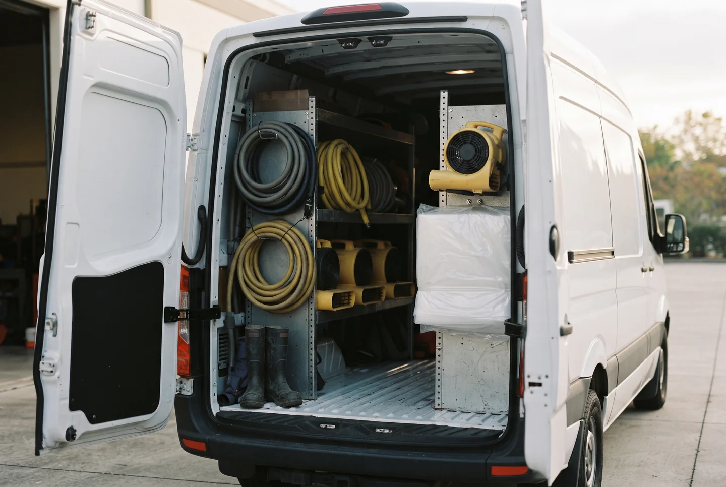 The open rear of a white van in morning light, racked with coiled hoses, unmarked air movers, folded containment sheeting and rubber boots.