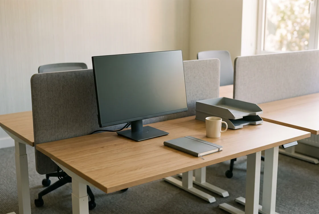 Wide view of an unoccupied office workstation: a pale wood desk with a dark monitor switched off, a closed grey notebook, a plain white mug and an empty two-tier document tray in front of a grey fabric partition, with more empty desks and chairs beyond under soft window light.