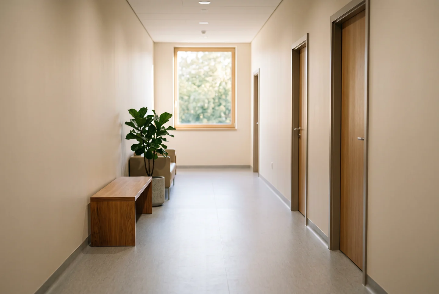 Empty pale corridor with a plain grey floor, three closed light-wood doors along the right wall, a wooden bench and a potted fiddle-leaf fig against the left wall, and a square window at the far end opening onto green foliage.