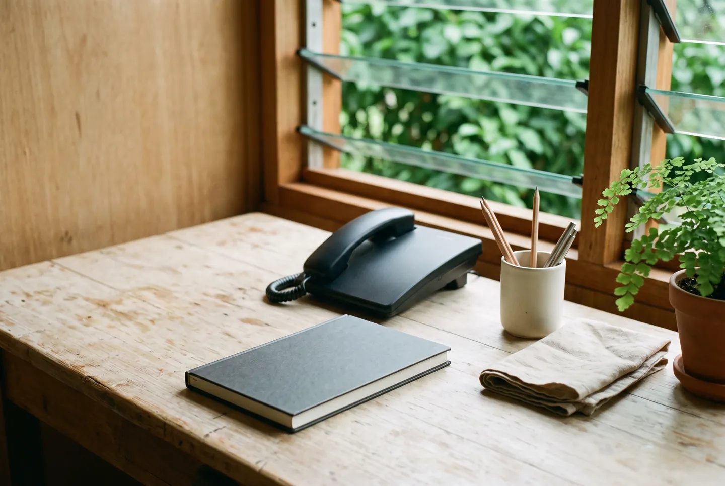 A worn pale timber desk in soft daylight with a black corded telephone, its handset resting on the base, a closed dark notebook, a white ceramic cup of plain pencils and pens, a folded linen cloth and a potted fern beside a louvered wooden window opening onto green foliage.