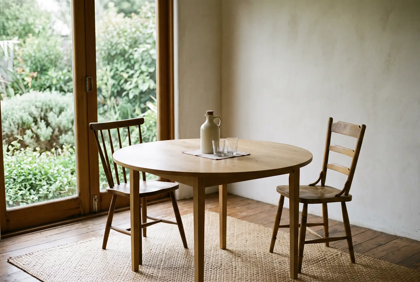 A small round pale timber table with a ceramic carafe and two empty glasses on a woven runner, two mismatched wooden chairs with one pulled out, a woven lauhala mat over dark floorboards, a plain plastered wall and a timber-framed glass door opening onto dense green foliage, no people.