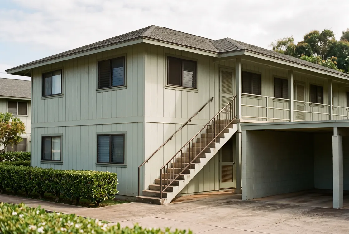 A two-story pale sage board-and-batten walk-up building with an exterior concrete stair and painted handrail, a first-floor balcony walkway, louvred windows, an open carport bay and a low clipped hedge, no people.