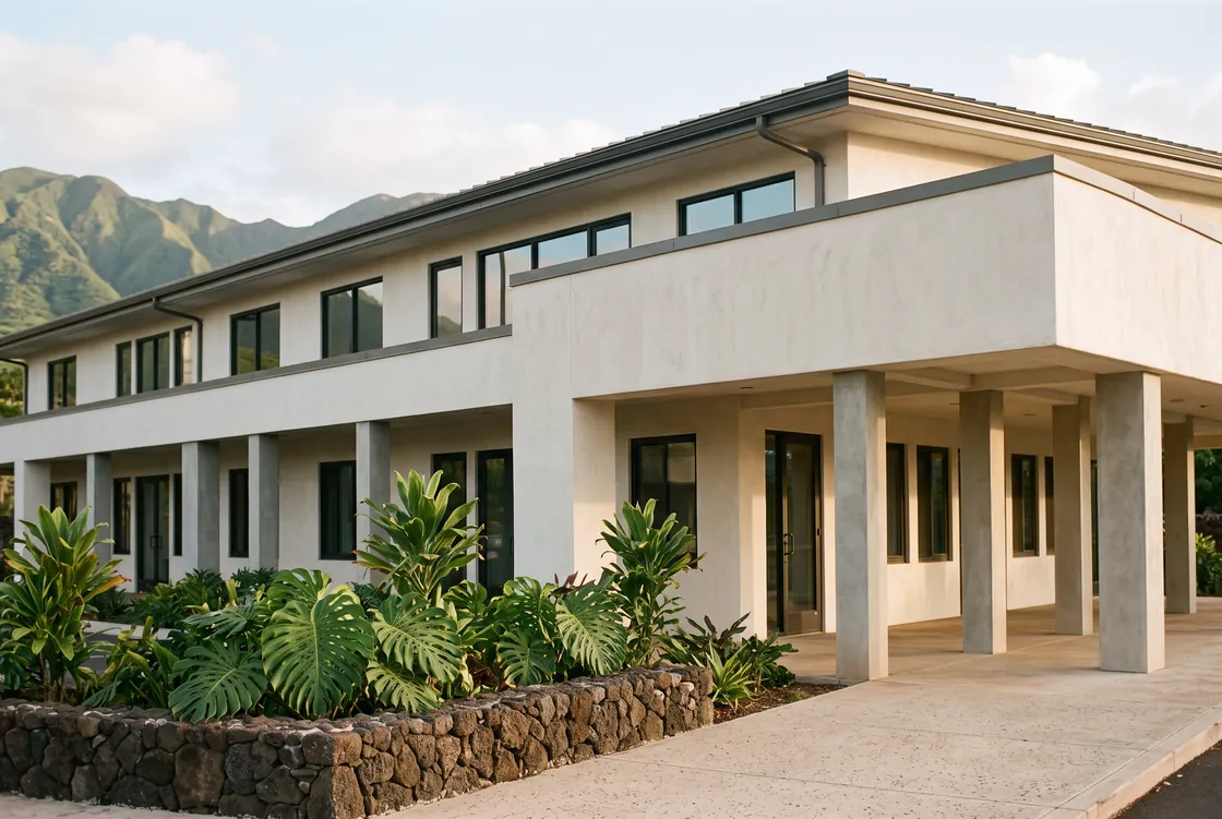A two-storey unbranded plastered office building in early light with a covered entry on square columns, dark-framed windows and a glass door, a lava-rock planter of monstera and ti in the foreground, and a green mountain ridge behind, no people and no signage.