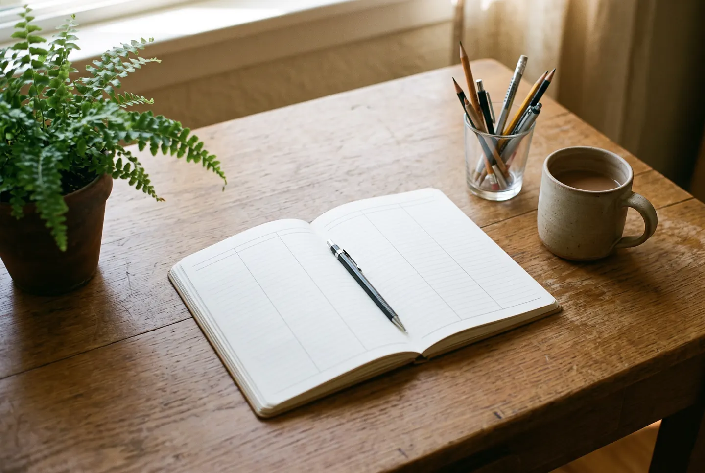 A plain wooden desk in soft morning light seen slightly from above, with an open hardcover notebook ruled into blank columns, a mechanical pencil resting across the gutter, a glass of pencils, a plain ceramic mug and a small potted fern at the edge of the frame, no people.
