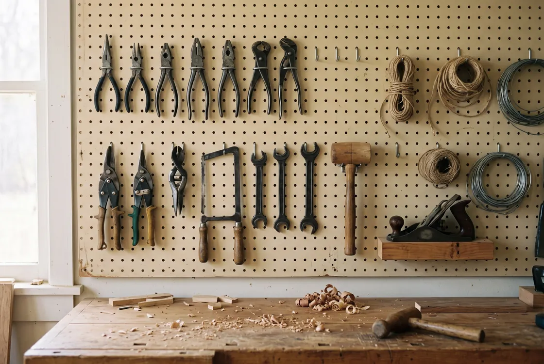 Wide view of a workshop pegboard wall in soft window light with rows of well-used hand tools hung by profile, pliers, snips, a hacksaw frame, open-ended wrenches, a wooden mallet and a hand plane resting on a small shelf, coils of twine and wire alongside, and a plain wooden bench below scattered with wood shavings, no people.
