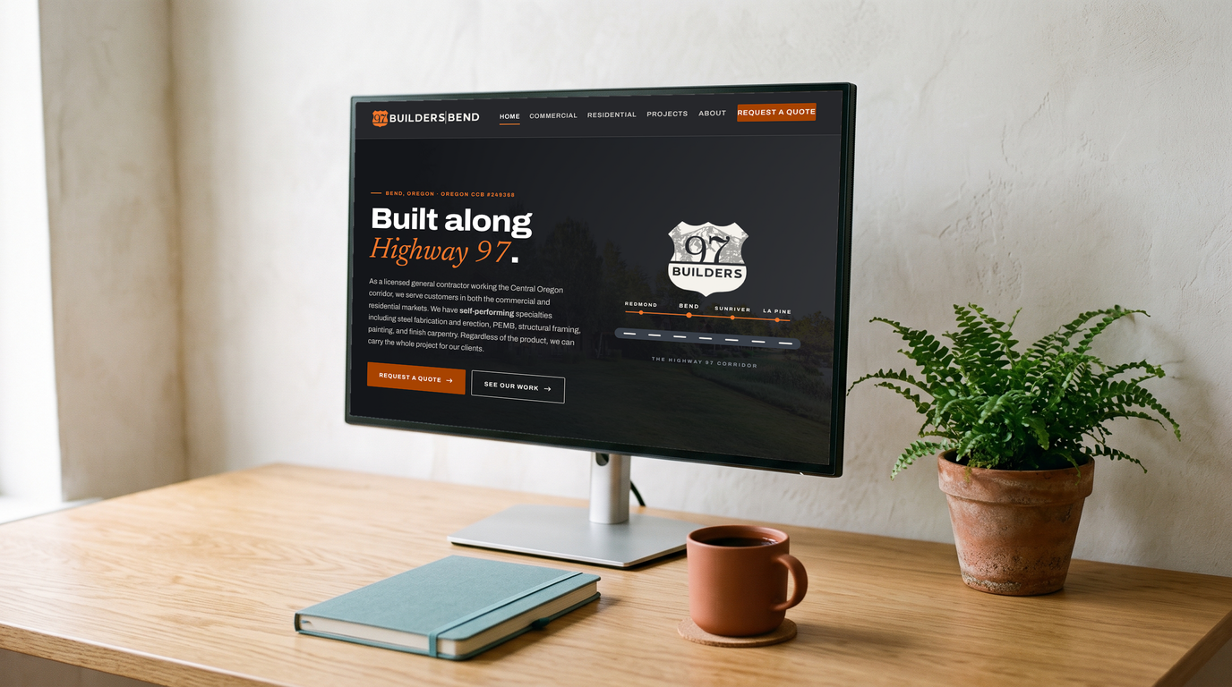 97 Builders homepage displayed on a desktop monitor mockup