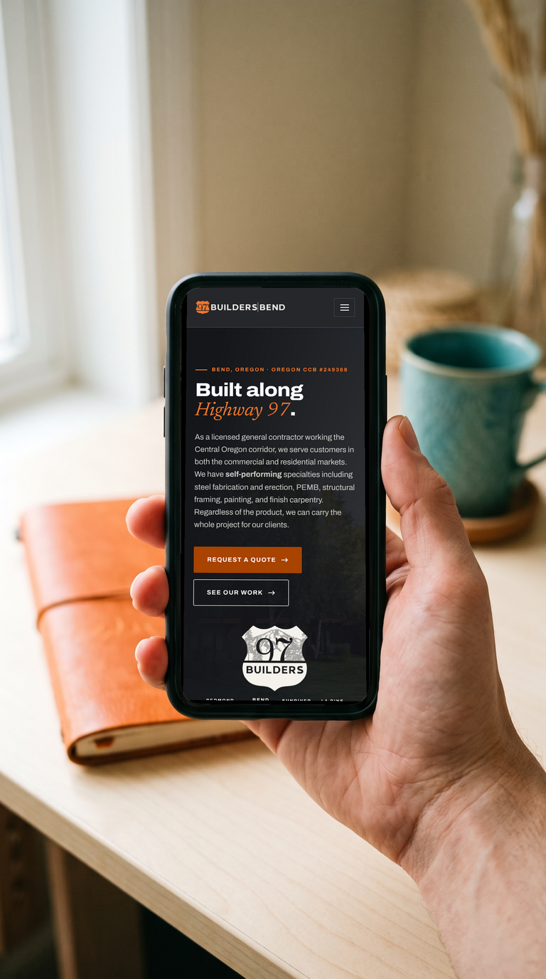 97 Builders mobile homepage displayed on a phone mockup