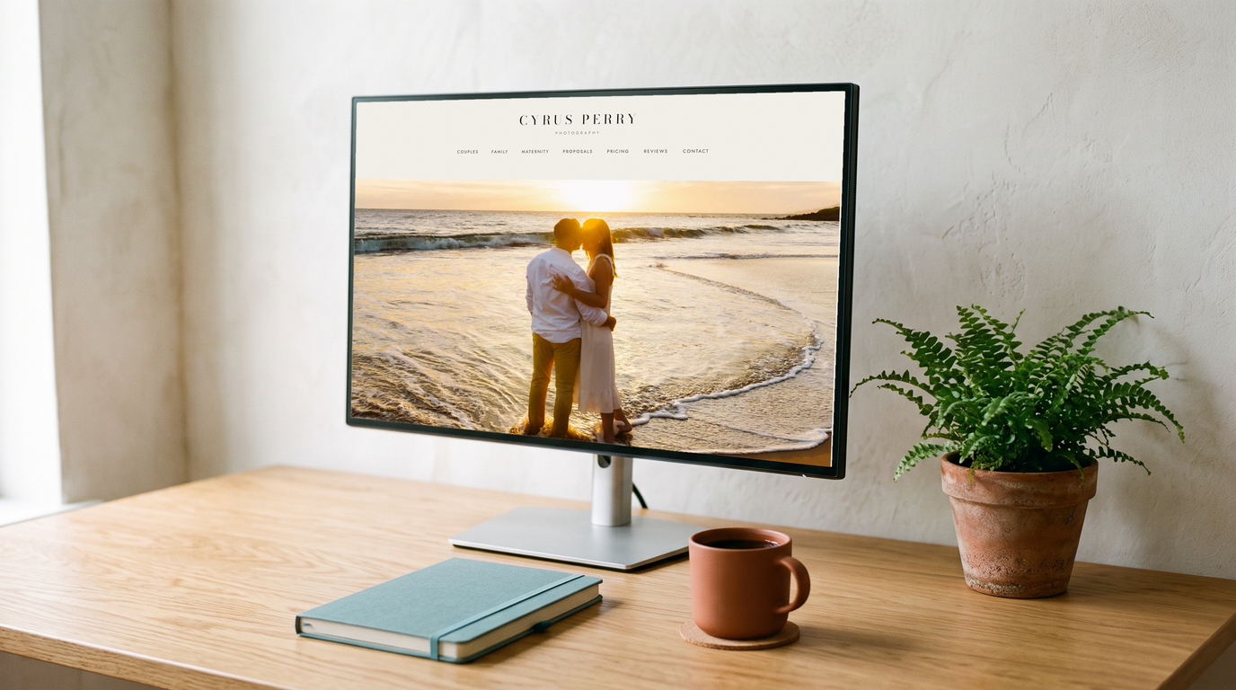 Cyrus Perry Photography home page on desktop, with a centered wordmark and navigation above a contained hero photograph.