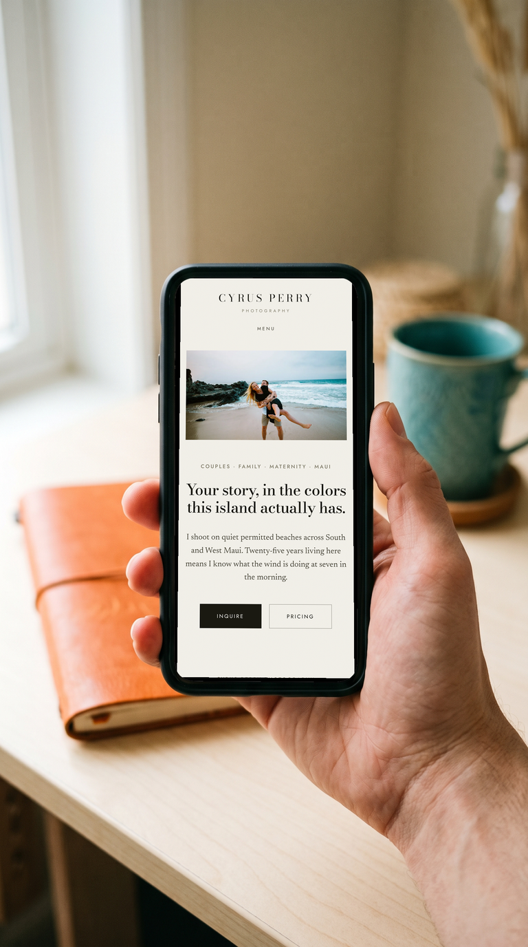 Cyrus Perry Photography home page on a phone, showing the stacked wordmark, navigation and hero photograph.